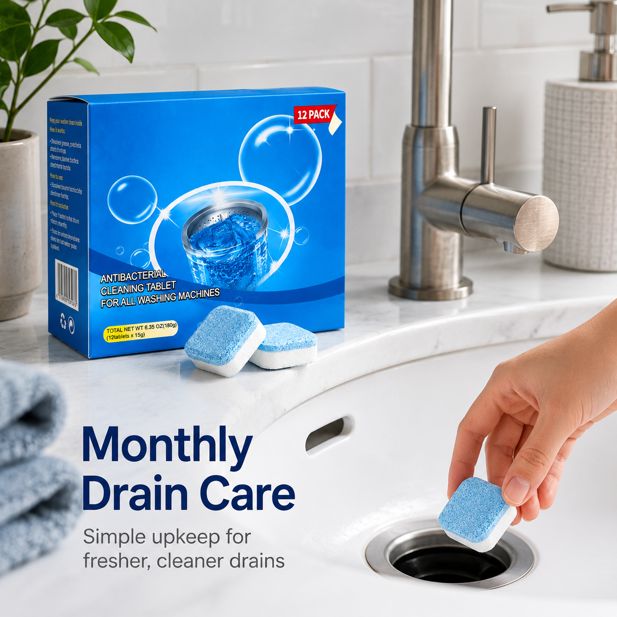 🔥HOT SALE 55% OFF💥🫧Drain Cleaning Tablets 12 Pack For Sinks, Showers & Washing Machines