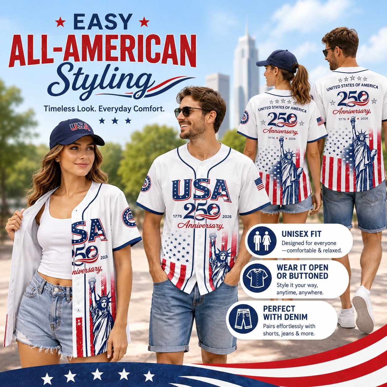 🔥HOT SALE 55% OFF👕USA 250th Anniversary Patriotic Baseball Jersey 1776–2026 4th of July Shirt