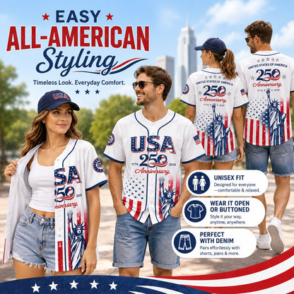 🔥LAST  DAY 55% OFF👕USA 250th Anniversary Baseball Jersey, Patriotic Statue of Liberty Print Shirt, Unisex Independence Day 4th of July Outfit, 1776–2026 Semiquincentennial Patriotic Jersey