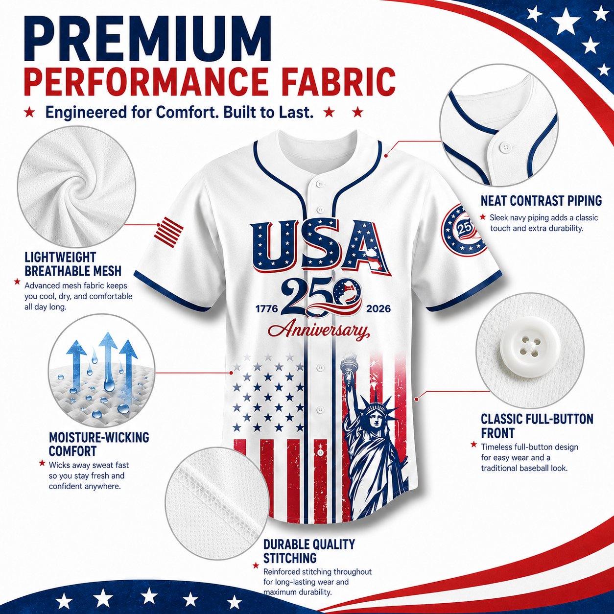 🔥LAST  DAY 55% OFF👕USA 250th Anniversary Baseball Jersey, Patriotic Statue of Liberty Print Shirt, Unisex Independence Day 4th of July Outfit, 1776–2026 Semiquincentennial Patriotic Jersey