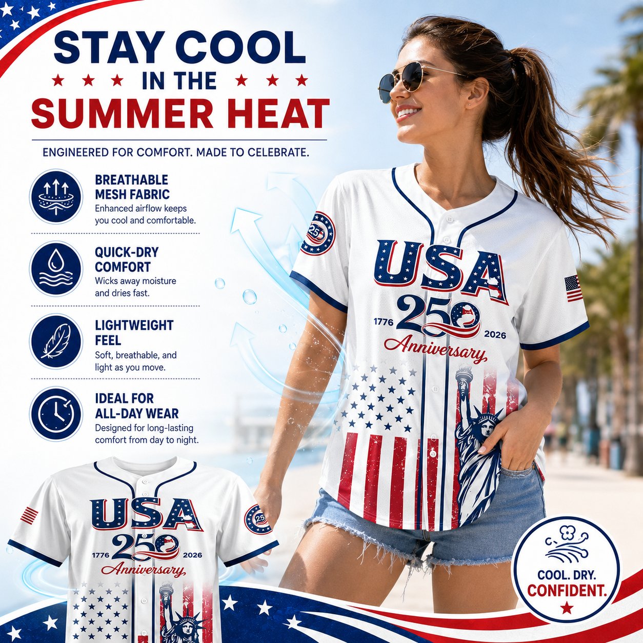 🔥LAST  DAY 55% OFF👕USA 250th Anniversary Baseball Jersey, Patriotic Statue of Liberty Print Shirt, Unisex Independence Day 4th of July Outfit, 1776–2026 Semiquincentennial Patriotic Jersey