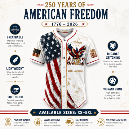 🔥HOT SALE 55% OFF 🇺🇸🦅 America 250th Anniversary Baseball Jersey – 1776–2026 Patriotic Freedom Shirt