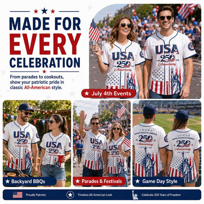 🔥LAST  DAY 55% OFF👕USA 250th Anniversary Baseball Jersey, Patriotic Statue of Liberty Print Shirt, Unisex Independence Day 4th of July Outfit, 1776–2026 Semiquincentennial Patriotic Jersey