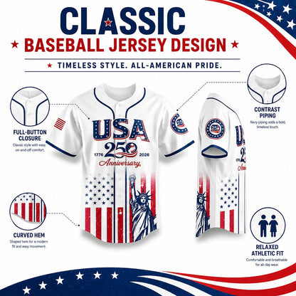 🔥HOT SALE 55% OFF👕USA 250th Anniversary Patriotic Baseball Jersey 1776–2026 4th of July Shirt