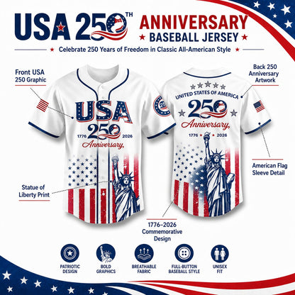 🔥LAST  DAY 55% OFF👕USA 250th Anniversary Baseball Jersey, Patriotic Statue of Liberty Print Shirt, Unisex Independence Day 4th of July Outfit, 1776–2026 Semiquincentennial Patriotic Jersey