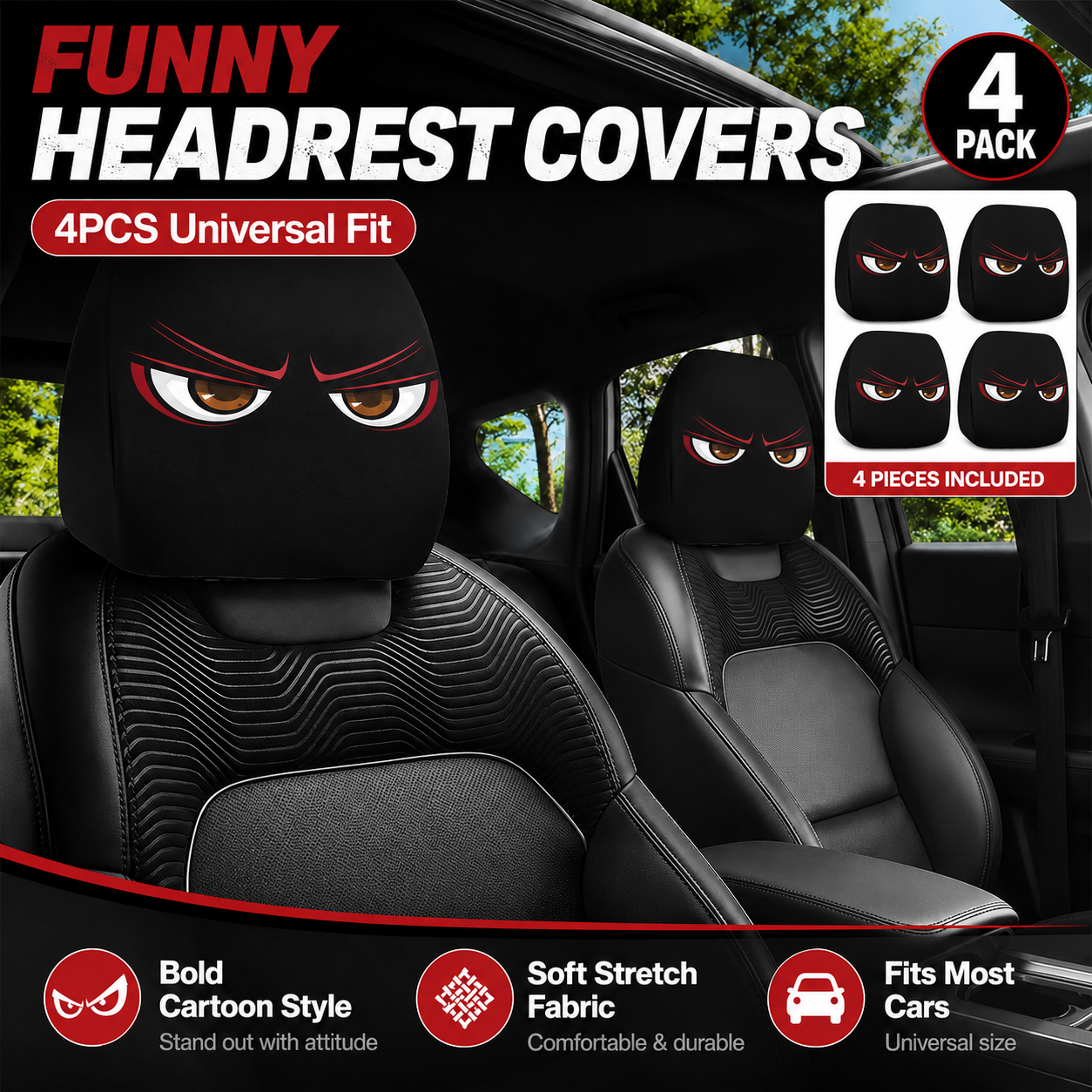 🔥LAST DAY PROMOTION 55% OFF😆Fear & Funny Car Headrest Covers – Universal Fit 2PCS🚗