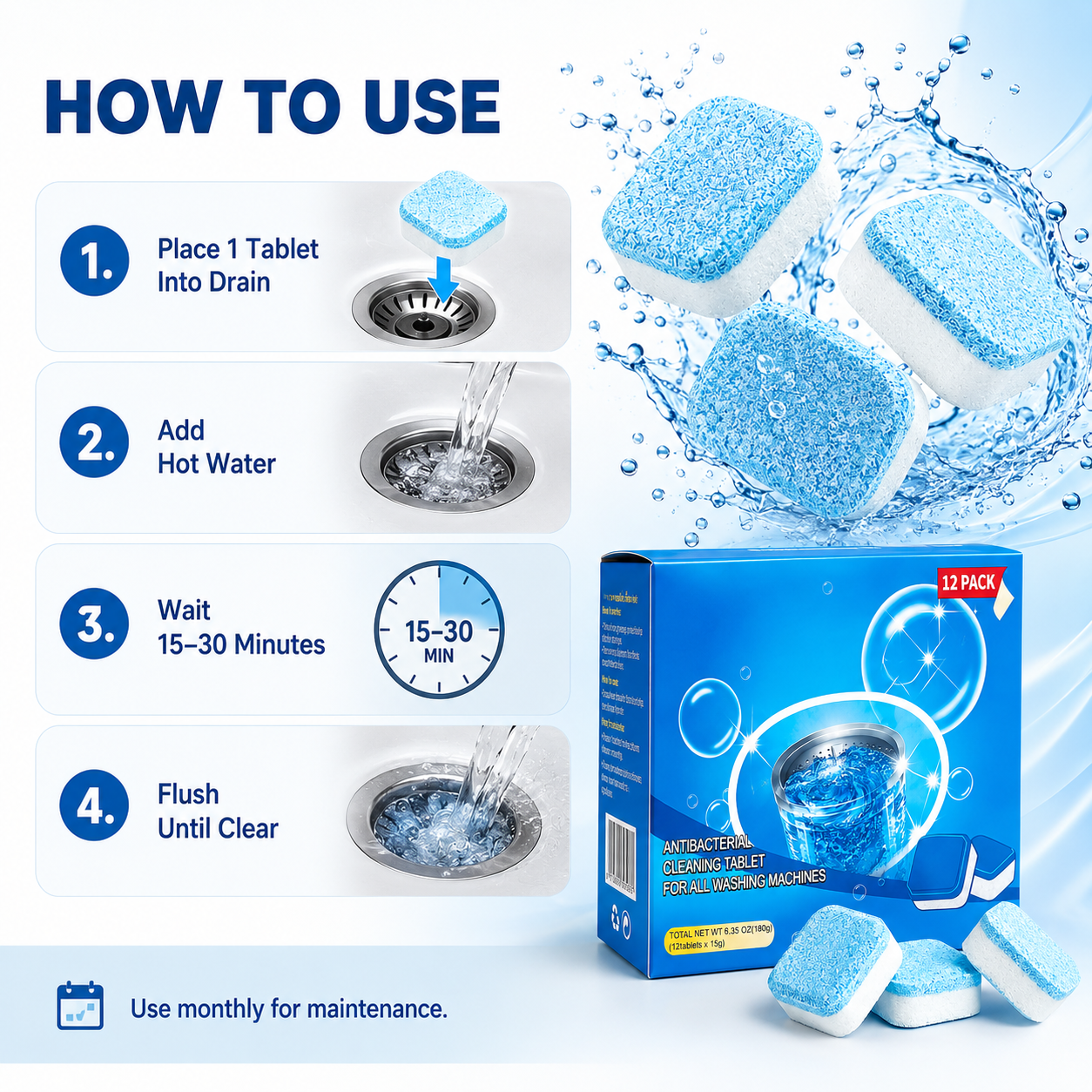 🔥HOT SALE 55% OFF💥🫧Drain Cleaning Tablets 12 Pack For Sinks, Showers & Washing Machines