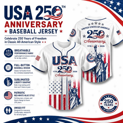 🔥LAST  DAY 55% OFF👕USA 250th Anniversary Baseball Jersey, Patriotic Statue of Liberty Print Shirt, Unisex Independence Day 4th of July Outfit, 1776–2026 Semiquincentennial Patriotic Jersey