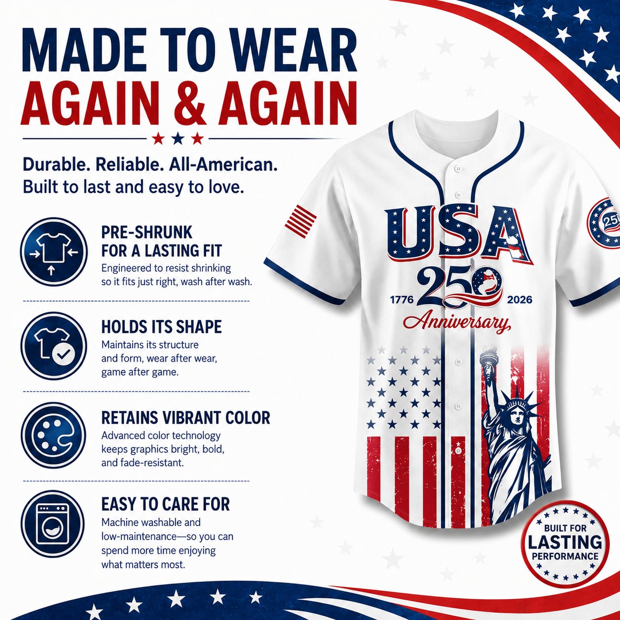 🔥LAST  DAY 55% OFF👕USA 250th Anniversary Baseball Jersey, Patriotic Statue of Liberty Print Shirt, Unisex Independence Day 4th of July Outfit, 1776–2026 Semiquincentennial Patriotic Jersey