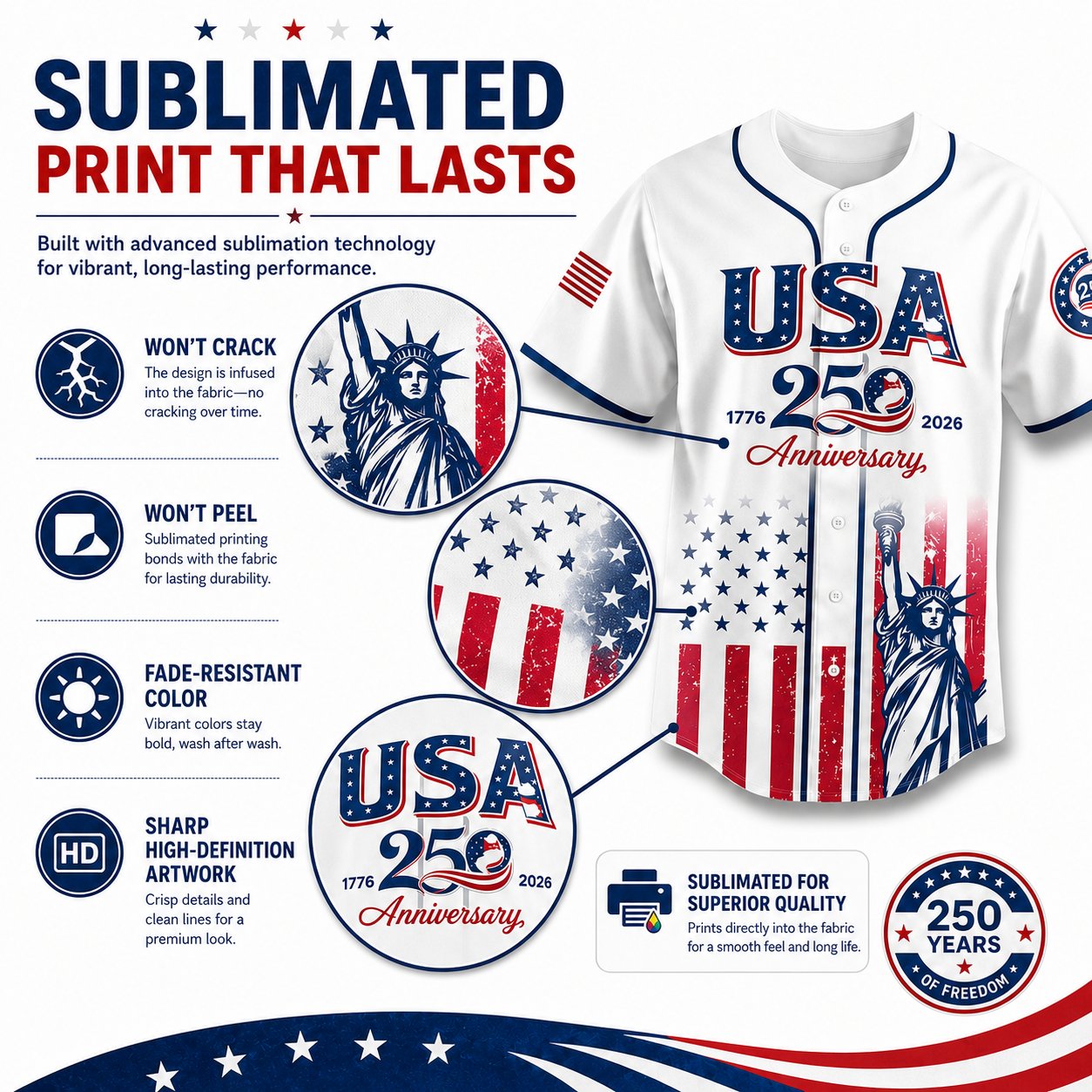 🔥HOT SALE 55% OFF👕USA 250th Anniversary Patriotic Baseball Jersey 1776–2026 4th of July Shirt
