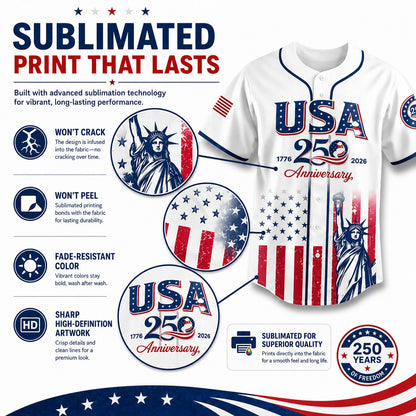🔥HOT SALE 55% OFF👕USA 250th Anniversary Patriotic Baseball Jersey 1776–2026 4th of July Shirt